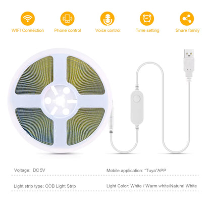 5V USB Wifi COB LED Strip Light，1M 2M 3M 5M Tuya Wifi APP COB LED Strip Light Work with Smart Life App/Alexa/Google Home