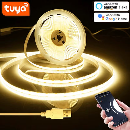 5V USB Wifi COB LED Strip Light，1M 2M 3M 5M Tuya Wifi APP COB LED Strip Light Work with Smart Life App/Alexa/Google Home
