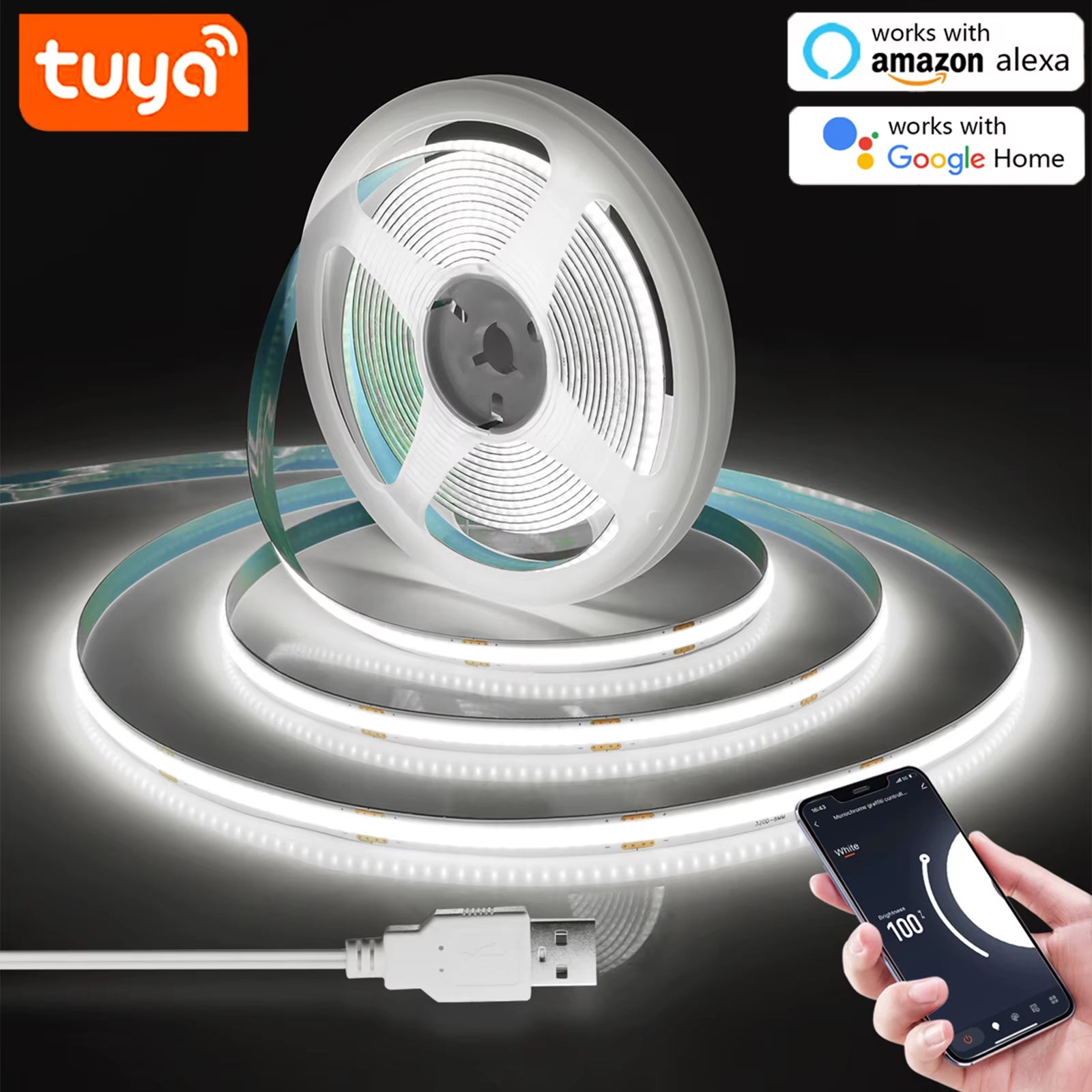 5V USB Wifi COB LED Strip Light，1M 2M 3M 5M Tuya Wifi APP COB LED Strip Light Work with Smart Life App/Alexa/Google Home