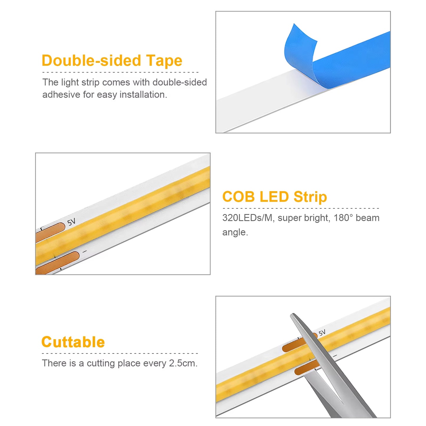 5V USB Wifi COB LED Strip Light，1M 2M 3M 5M Tuya Wifi APP COB LED Strip Light Work with Smart Life App/Alexa/Google Home