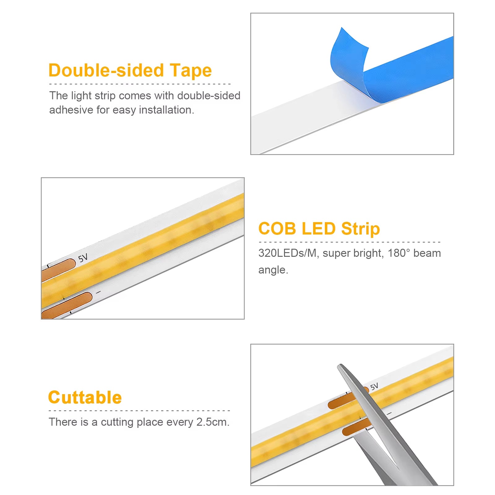 5V USB Wifi COB LED Strip Light，1M 2M 3M 5M Tuya Wifi APP COB LED Strip Light Work with Smart Life App/Alexa/Google Home