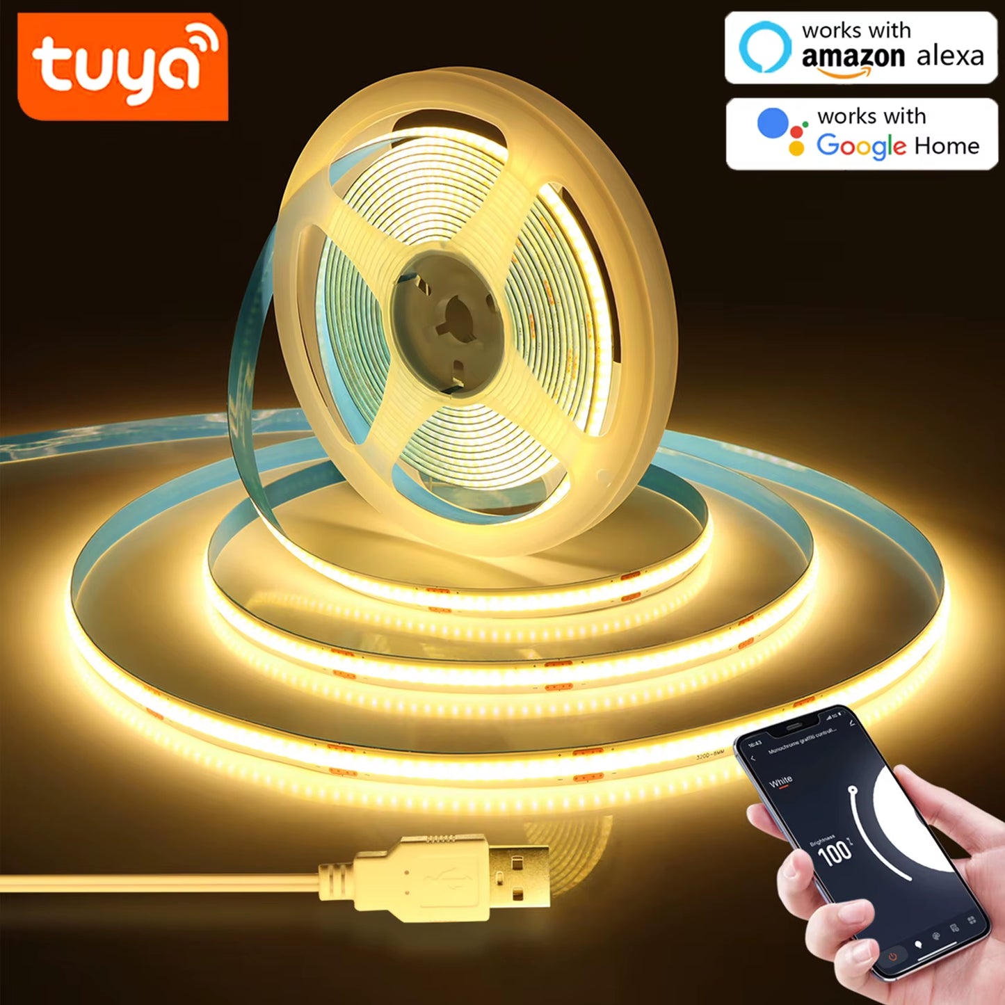 5V USB Wifi COB LED Strip Light，1M 2M 3M 5M Tuya Wifi APP COB LED Strip Light Work with Smart Life App/Alexa/Google Home